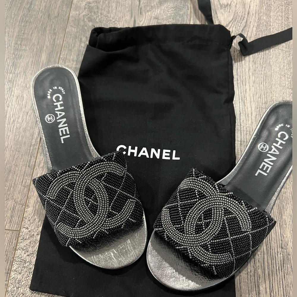 Chanel Black Pearl Beaded Flat Sandals Mules